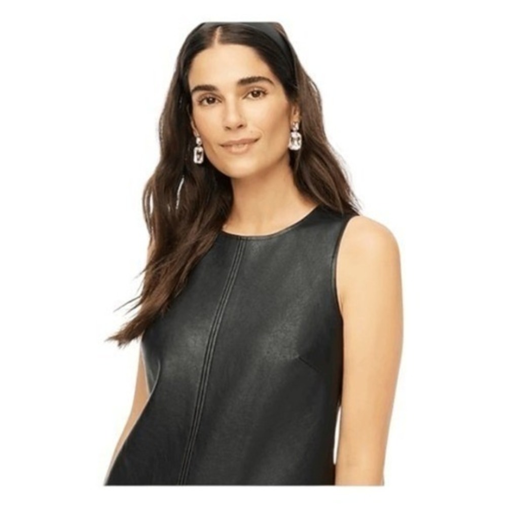 J. Crew Vegan Leather Shift Dress Black Sleeveless High Neck Classic O - Picture 3 of 8